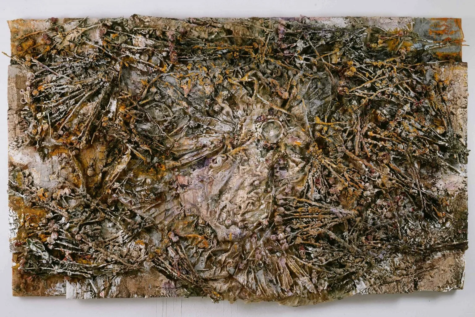Requiem for a Princess, 2006, Roses, wedding gown encased in wax and oil pigment on wood, 58 x 91 inches