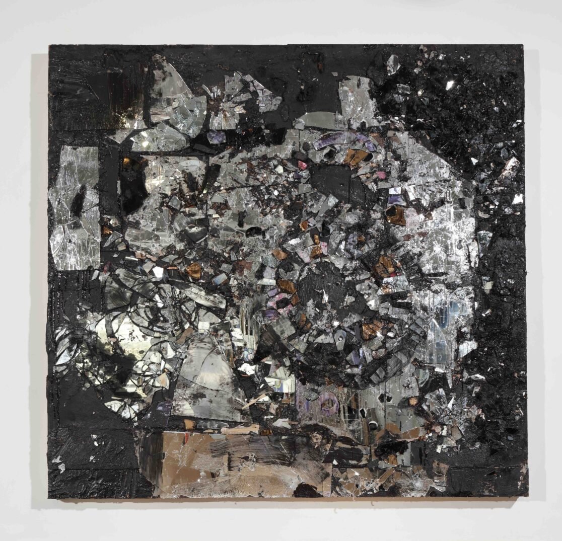Vanitas (For Frank Auerbach), 2023, Mirror, silicone, resin on birch ply, 62.5 x 62.5 x 5 inches