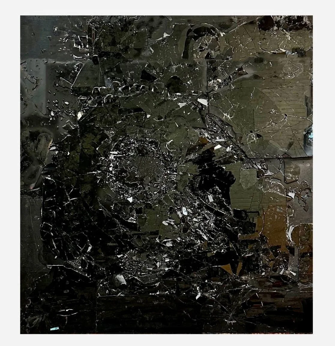 Black Vanitas II, 2023, Black mirrored glass, silicone, resin, and acrylic on wooden panels, 71 x 65 x 5 inches