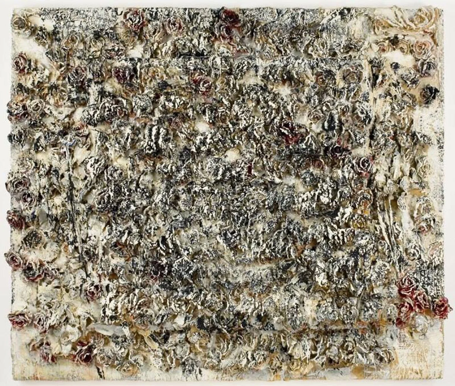 Requiem For A Gangster, 1998-1999, Encaustic, fiber glass, roses, oil on multi level birch plywood, 96 x 72 inches