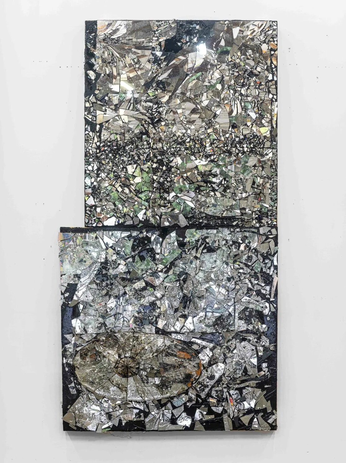 The Book of Mirrors, 2022, Tar, resin, oil, mirror on birch ply, 113 x 62 inches