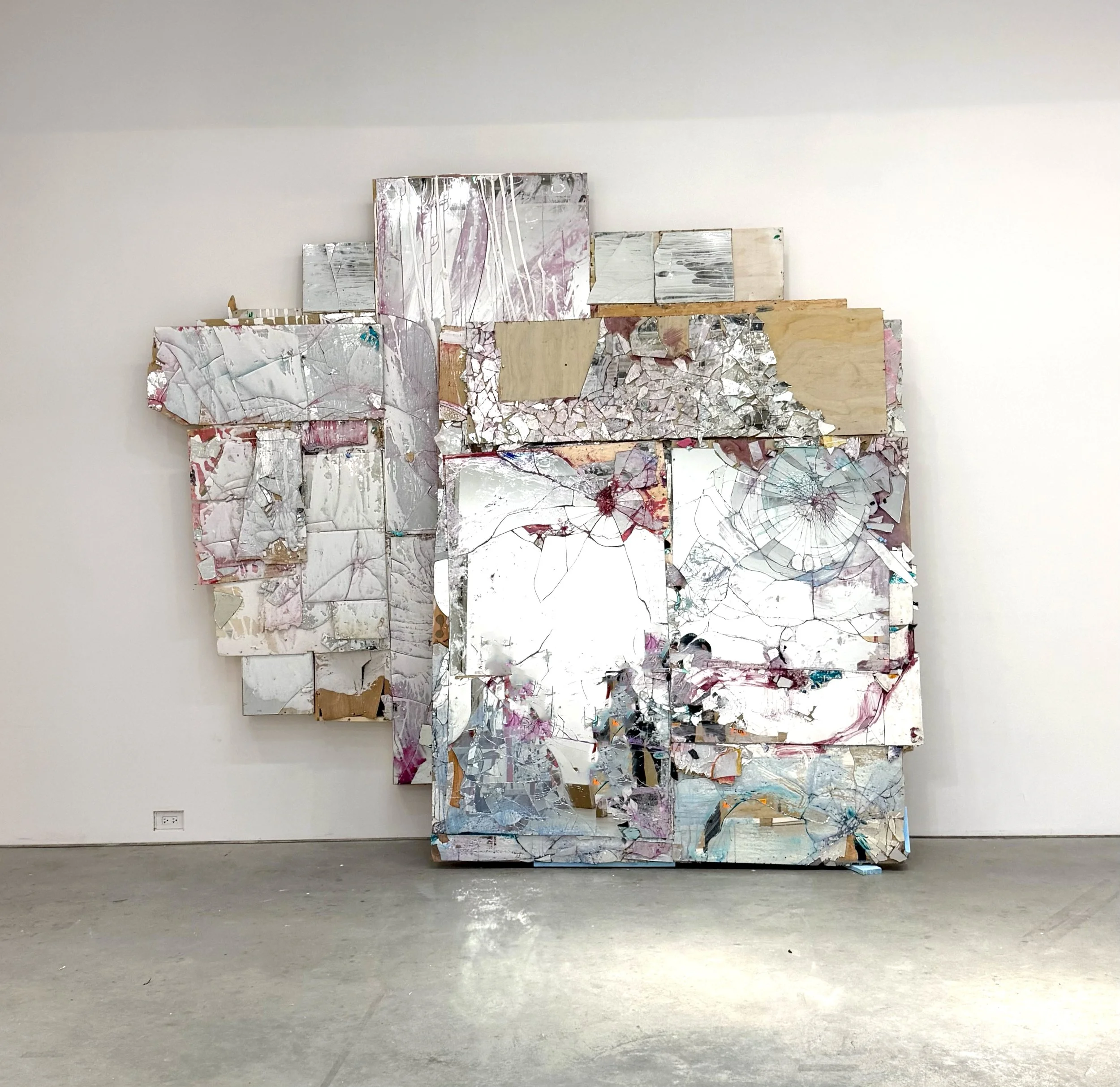 The Book of Hours (First State), 2020-26, Mirrored glass, silicone, fabric, glitter, acrylic and oil paint on wooden panels, 118 x 120 x 12 inches