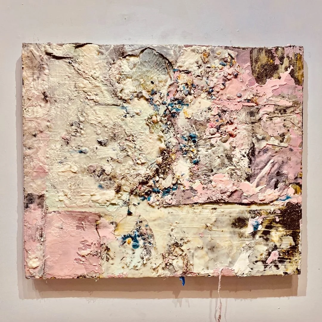 The Impossibility of Spring, 2020-2022, Encaustic, oil, glass, mixed media on birch panel, 55 x 52 inches