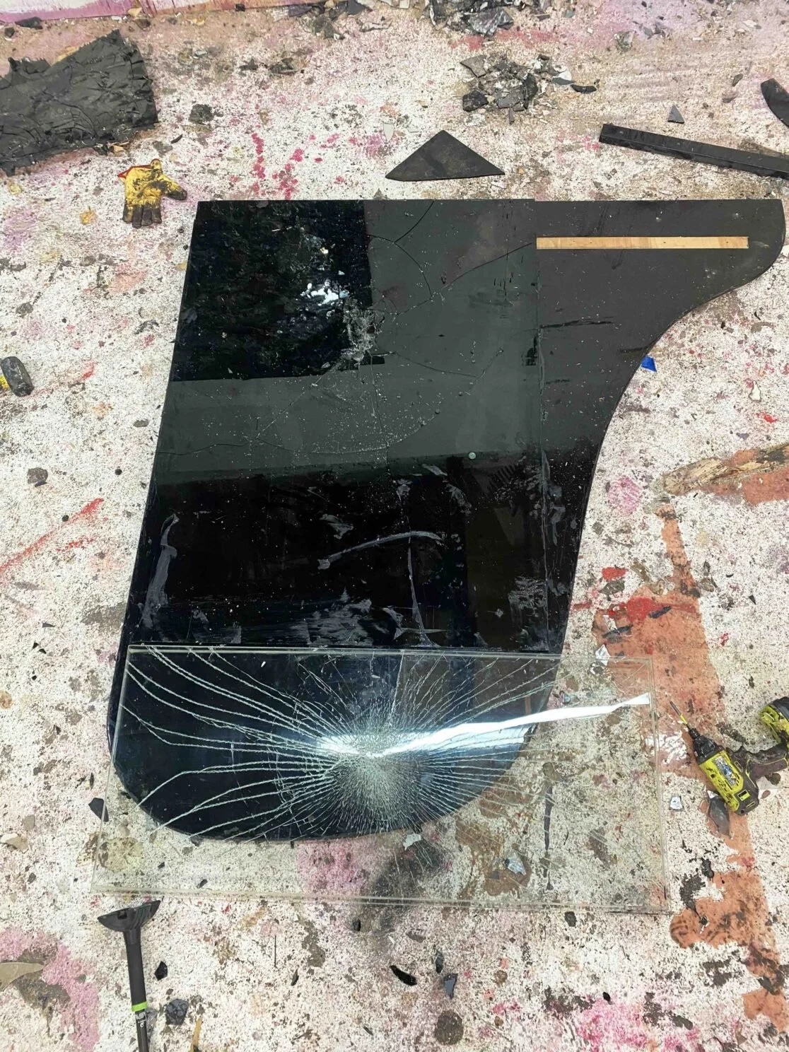 Studio Detail: The Black Rose (For Nina Simone) 2023 Obsidian, Silicone on Piano Lid, 64 x 61 x 2.75 inches Click on the error for details