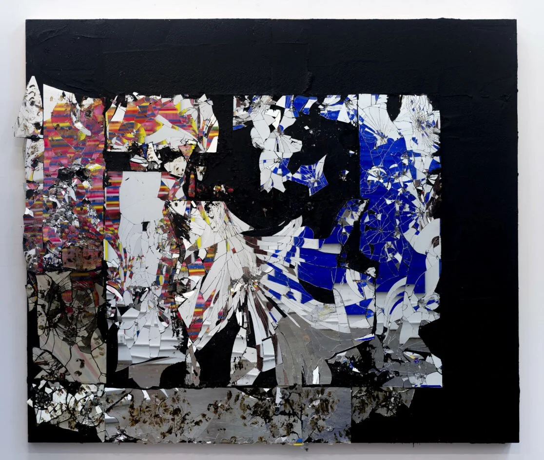 Enter The Dragon (For Bruce Lee), 2022, Tar, resin, oil, mirror on birch ply, 99 x 84 inches