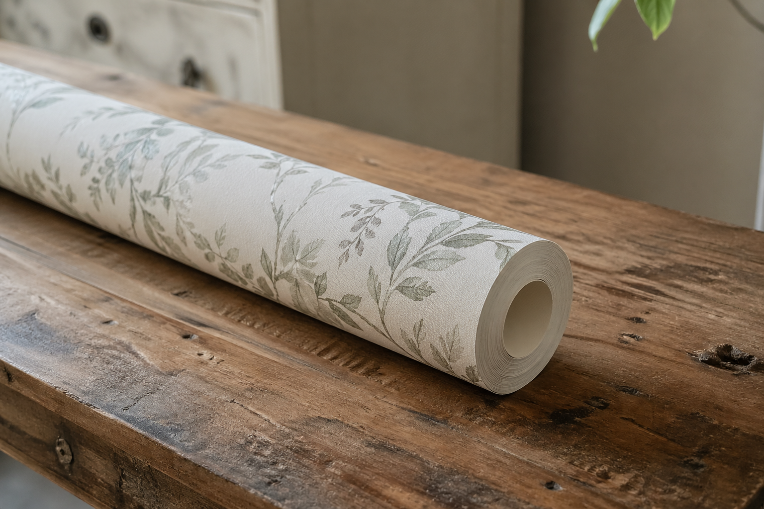 Roll of wallpaper with green leafy pattern on a wooden table.