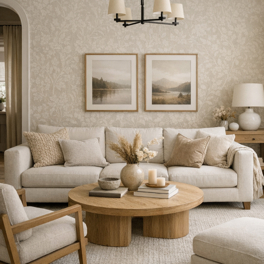 Living room with beige sofa, neutral pillows, wooden coffee table with candles and books, wall art of landscape, beige textured wallpaper, lamp and decorative vase with flowers.