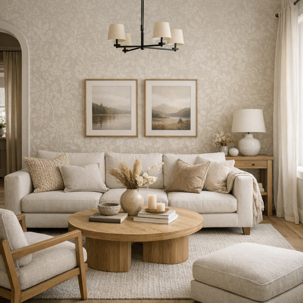Cozy living room with a cream sofa, beige and cream throw pillows, a round wooden coffee table with books, candles, and a vase with dried flowers, a wooden side table with a lamp and decor, and framed landscape art on a floral wallpapered wall.