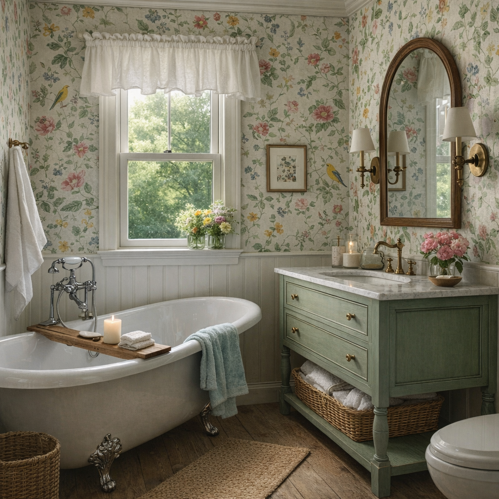 Bathroom with floral wallpaper, a clawfoot bathtub with a candle and towel on a wooden tray, a green vanity with a marble top, a large mirror, wall sconces, a window with a white valance, and a vase of pink flowers.