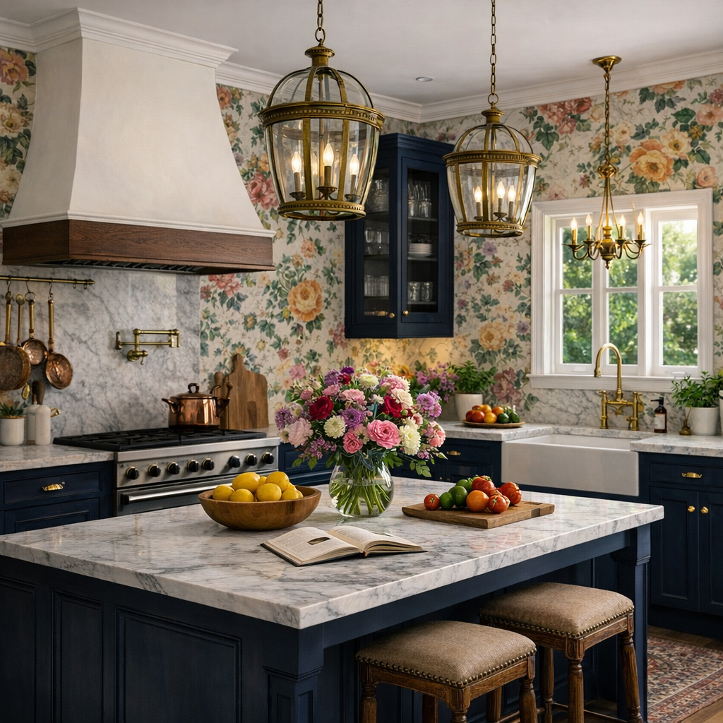 A cozy kitchen with floral wallpaper, dark blue cabinets, a white marble countertop, and a central island. There are two large brass chandeliers and a smaller chandelier lighting the space. A window above the sink allows natural light to illuminate the room. A vase of pink and purple flowers, a bowl of lemons, a cutting board with tomatoes, and an open book are on the island.