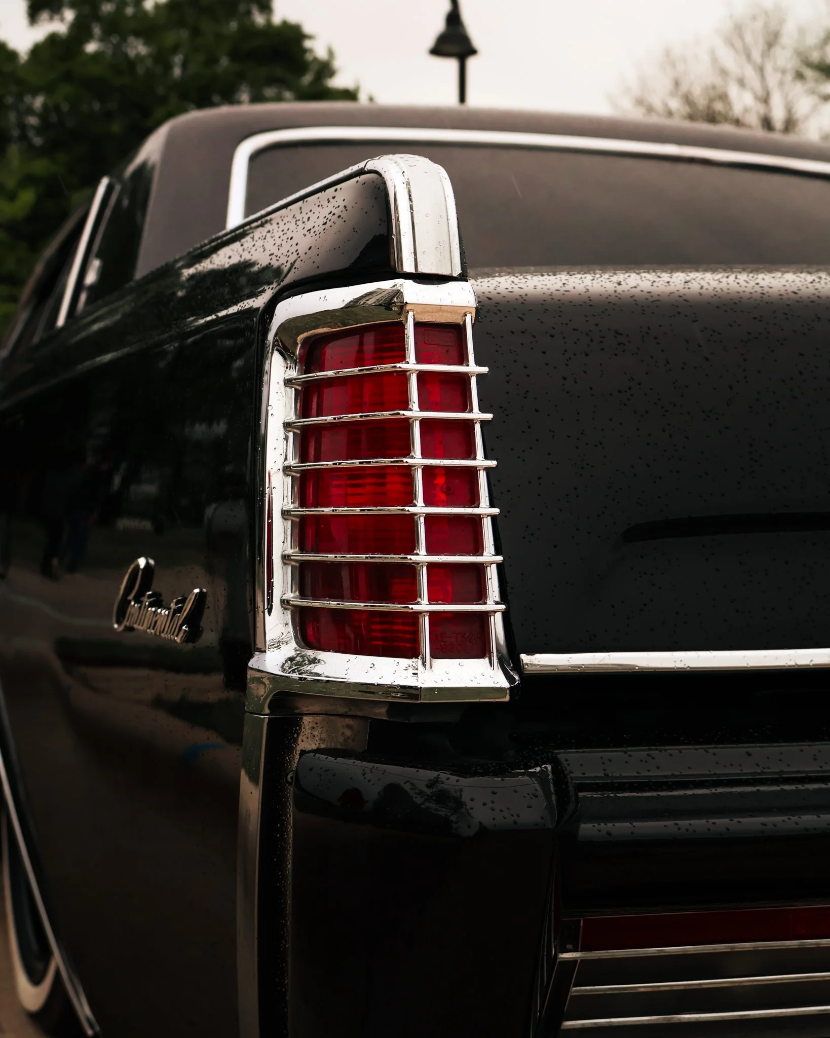 Close-up of the rear left corner of a vintage black Cadillac car with water droplets on the surface, showing the distinctive taillight with a chrome grille, and a part of the trunk and tailfin.