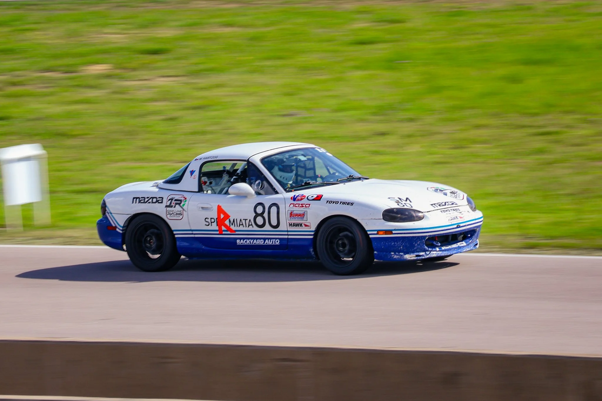 A white race car with blue accents and the number 80 on the side driving on a race track with green grass in the background.