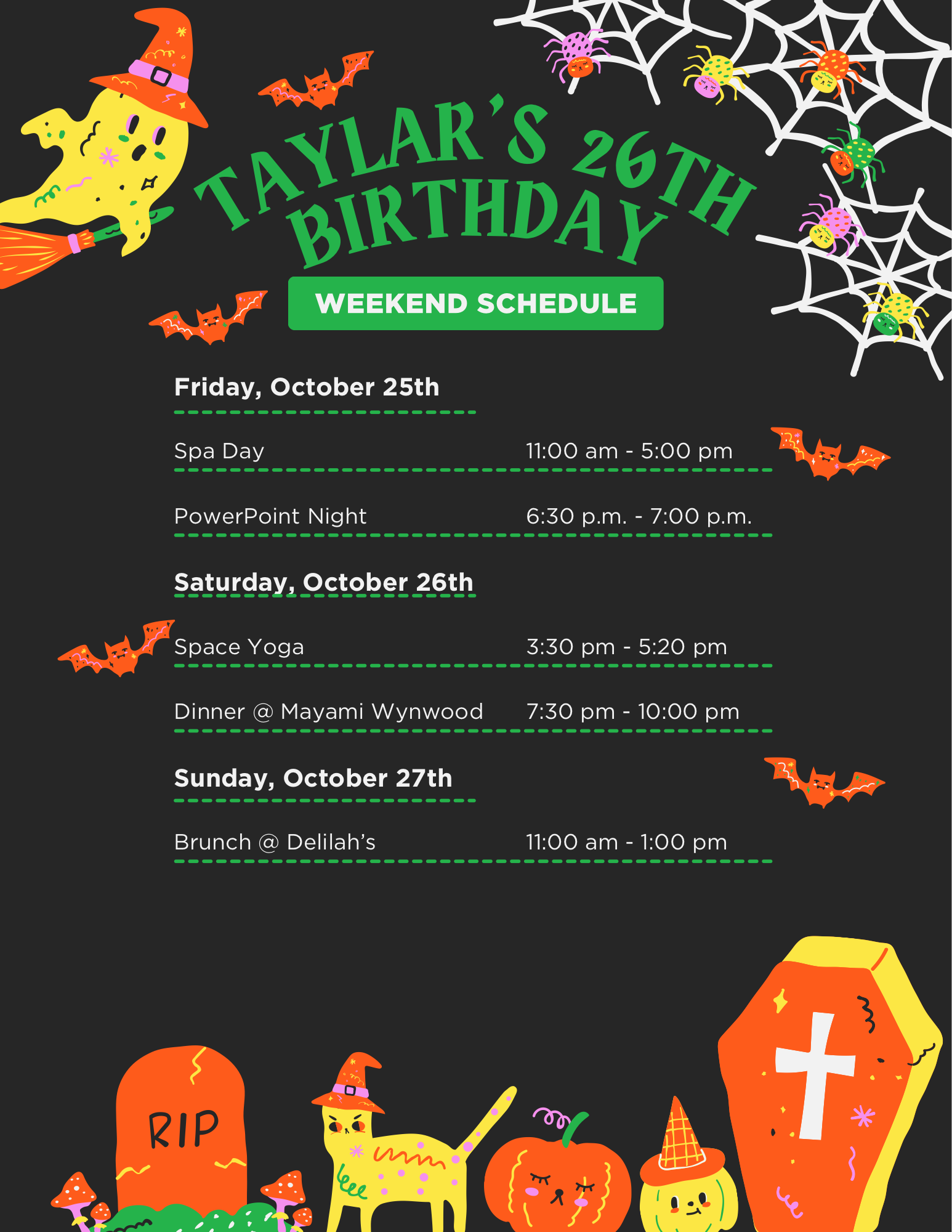 Digital Halloween birthday event schedule with spooky cartoon characters, bats, spiders, spiders webs, pumpkins, and graveyard motifs on a dark background.