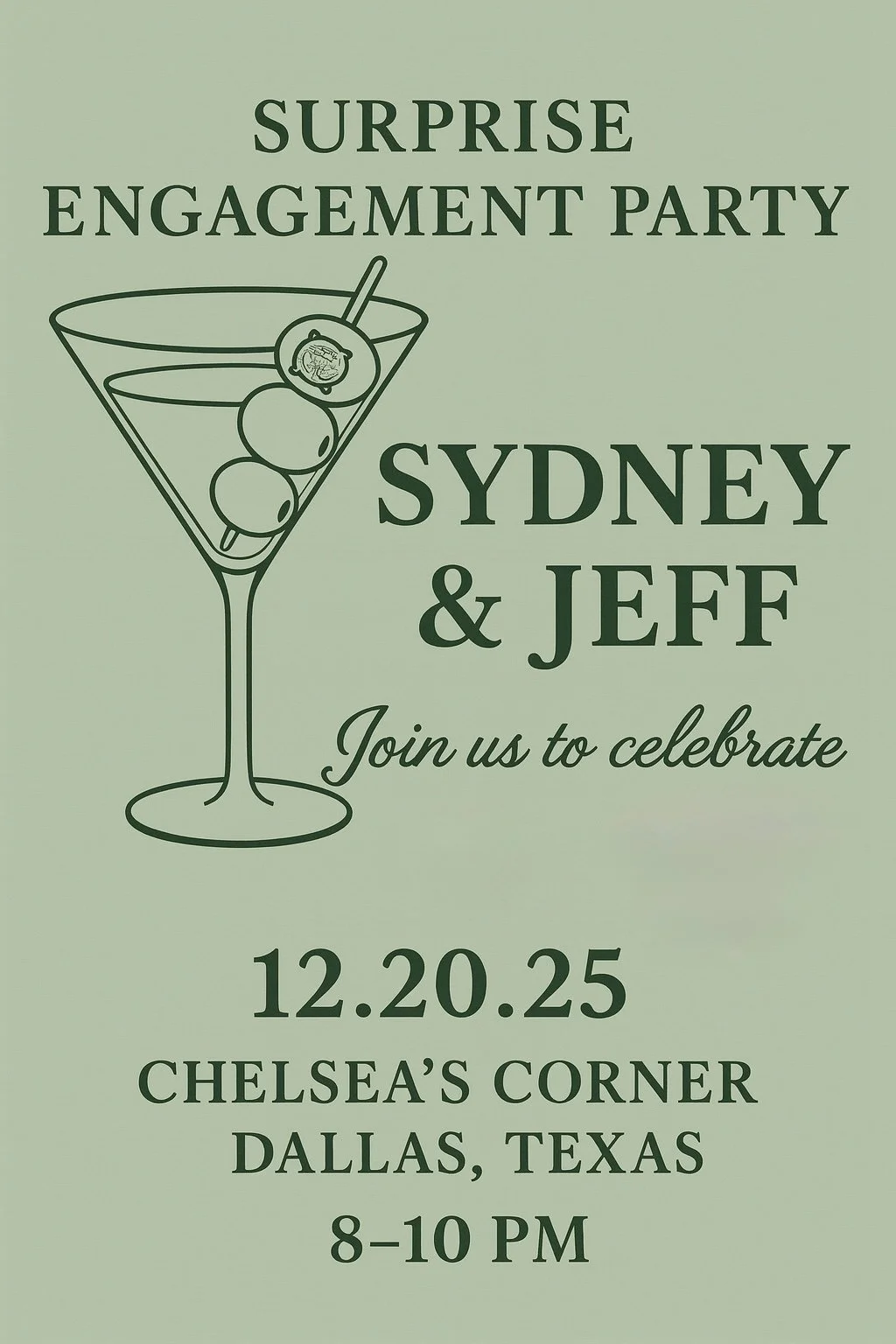 Invitation for a surprise engagement party with a martini glass illustration and event details in green text on a light green background.