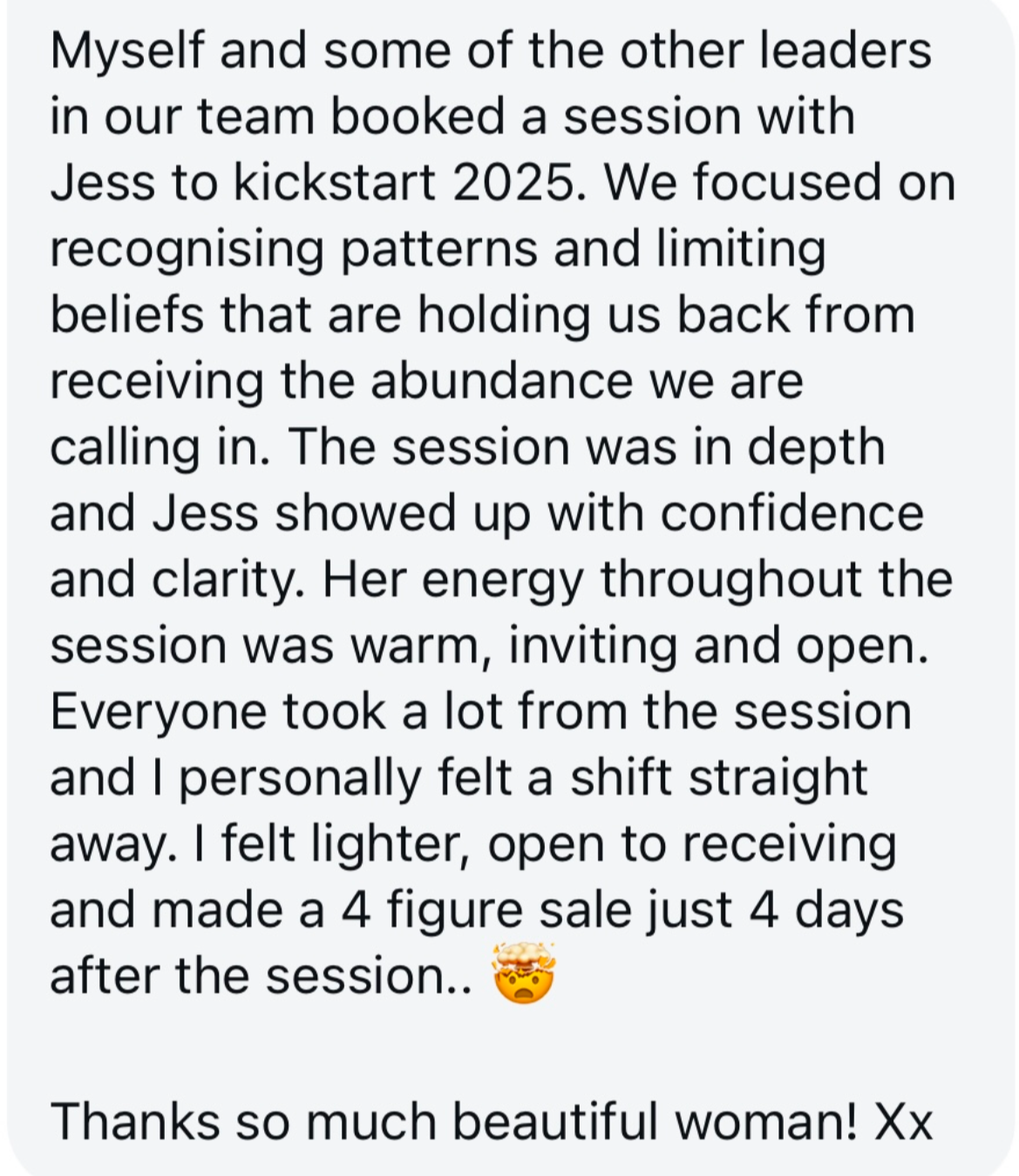 Client testimonial for Jessica Erler's group coaching and workshops