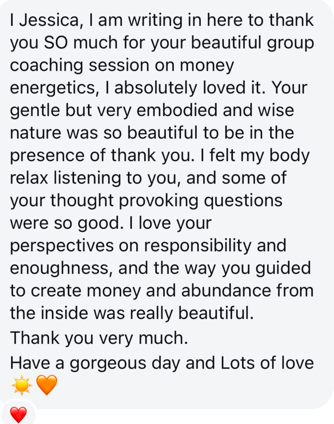 Client testimonial for Jessica Erler's group coaching and workshops