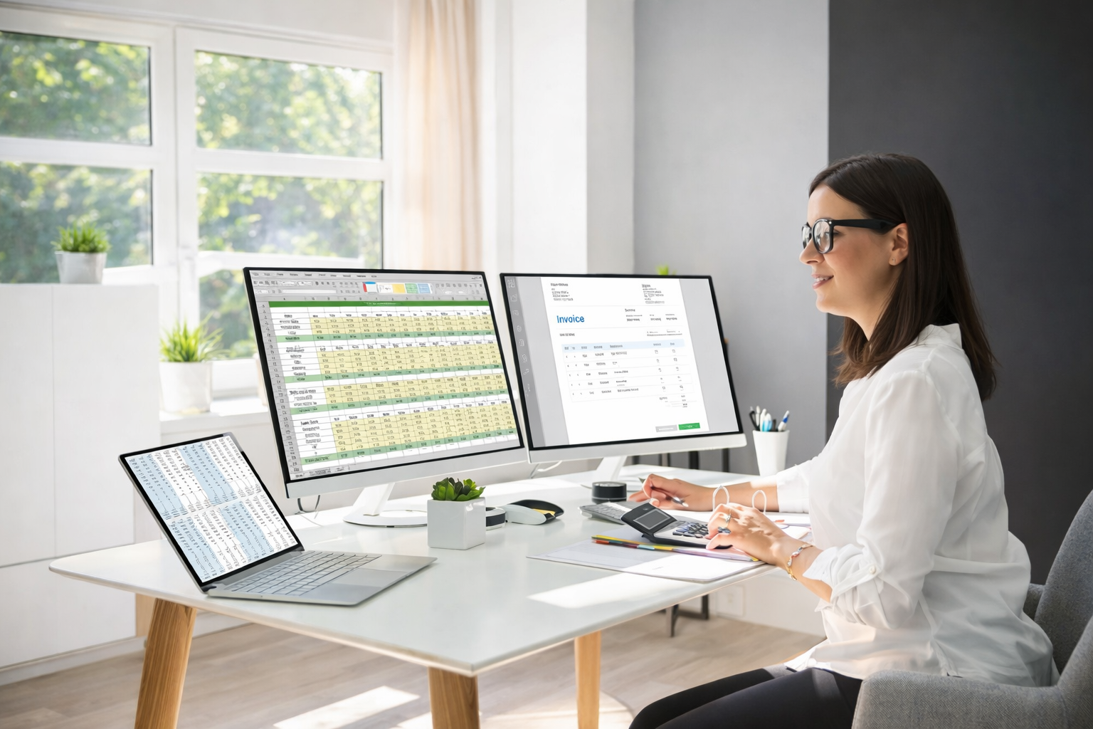 A women working on posting payments for a dental office