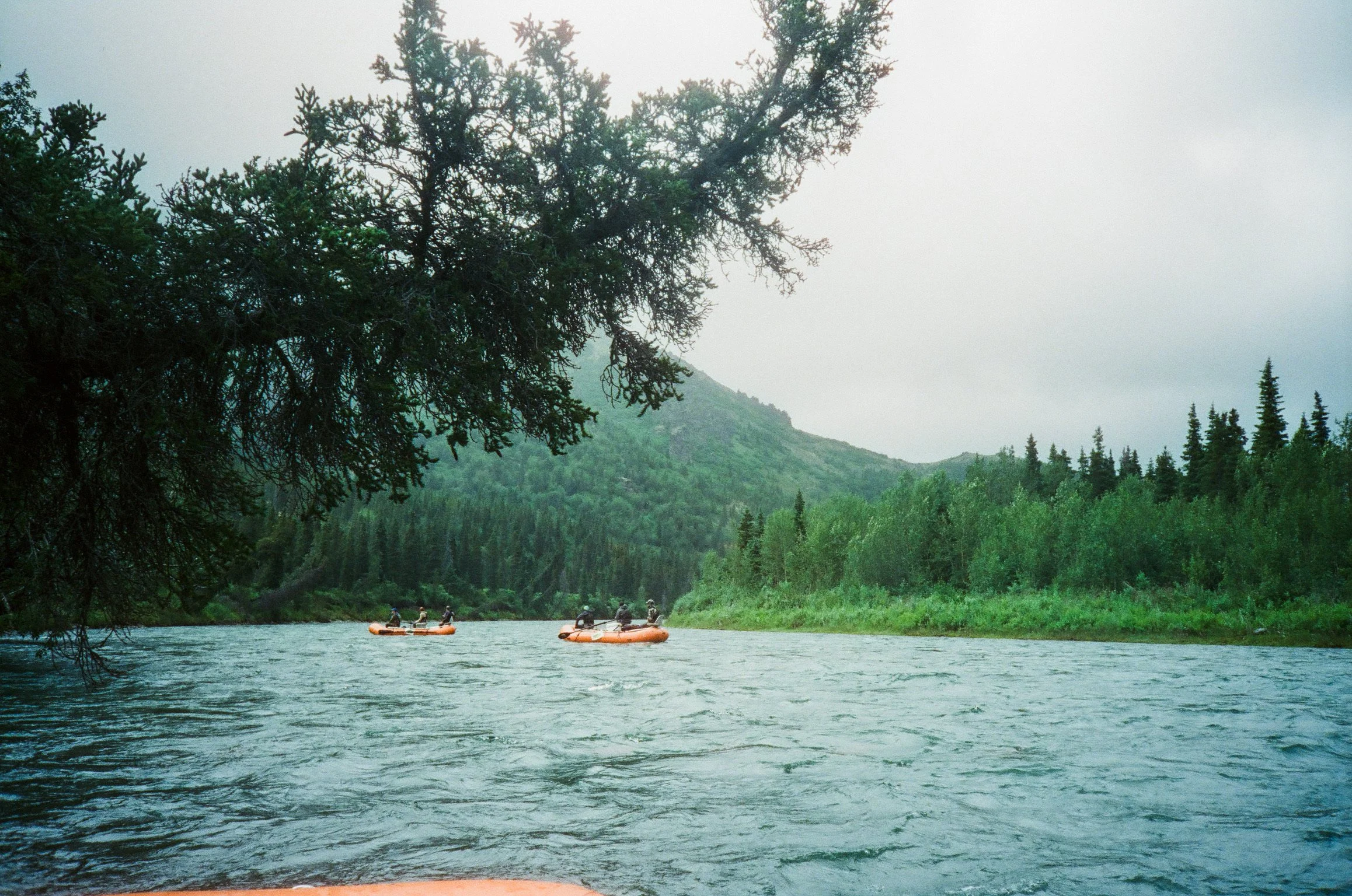 A group of five people in orange kayaks paddle on a river surrounded by lush green trees and hills under a cloudy sky.