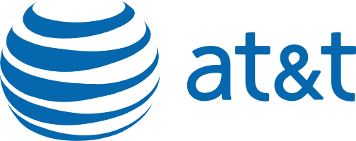 AT&T logo featuring a blue globe with curved lines and the company name in blue text.