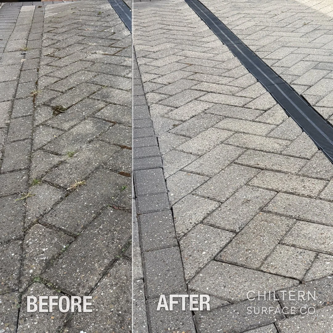 Years of built-up dirt, organic growth, and staining completely transformed.

This style of block paving relies on proper re-sanding to restore optimal stabilisation once cleaned. Without it, the joints remain vulnerable and the surface won&rsquo;t p