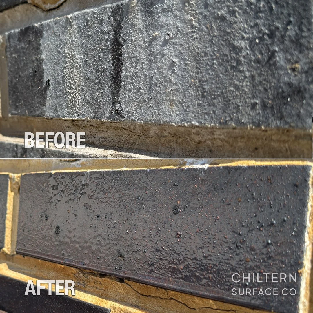 Not dirt. Not mould.

This is efflorescence &mdash; caused by water moving through the brick, drawing out salts and minerals, then leaving staining behind as it dries.

It needs specialist treatment &mdash; not just a wash.

Solid result on this one.