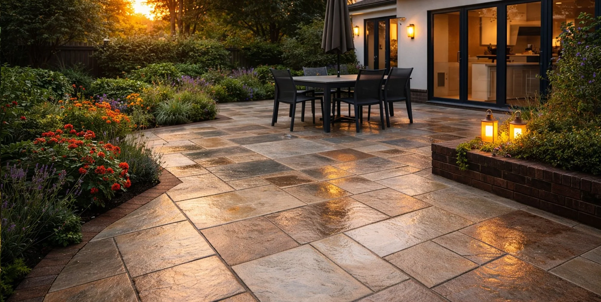 Backyard patio with wet stone tiles, outdoor dining table with chairs, garden with colorful flowers, glow of sunset, and warm porch lights.