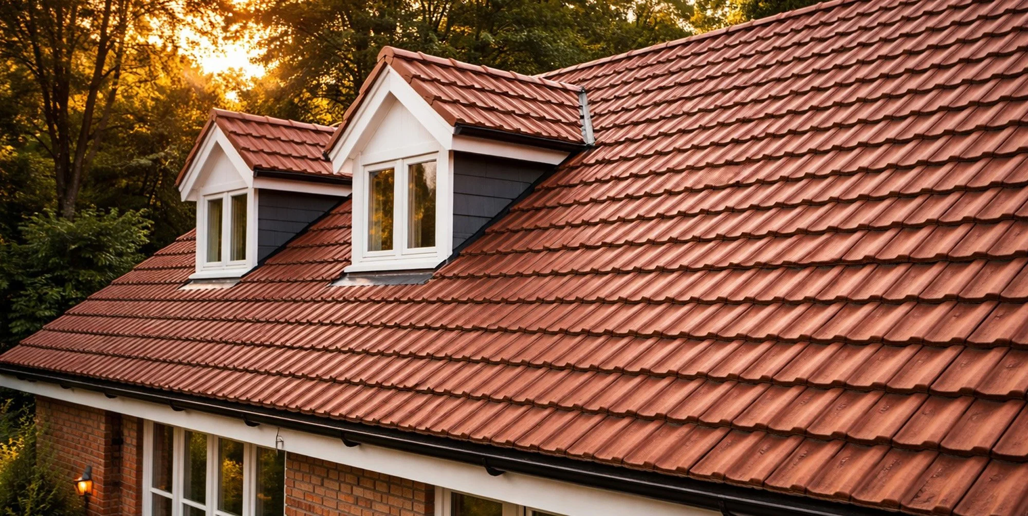 A house with a red tiled roof and two dormer windows, surrounded by trees with the sunset in the background.