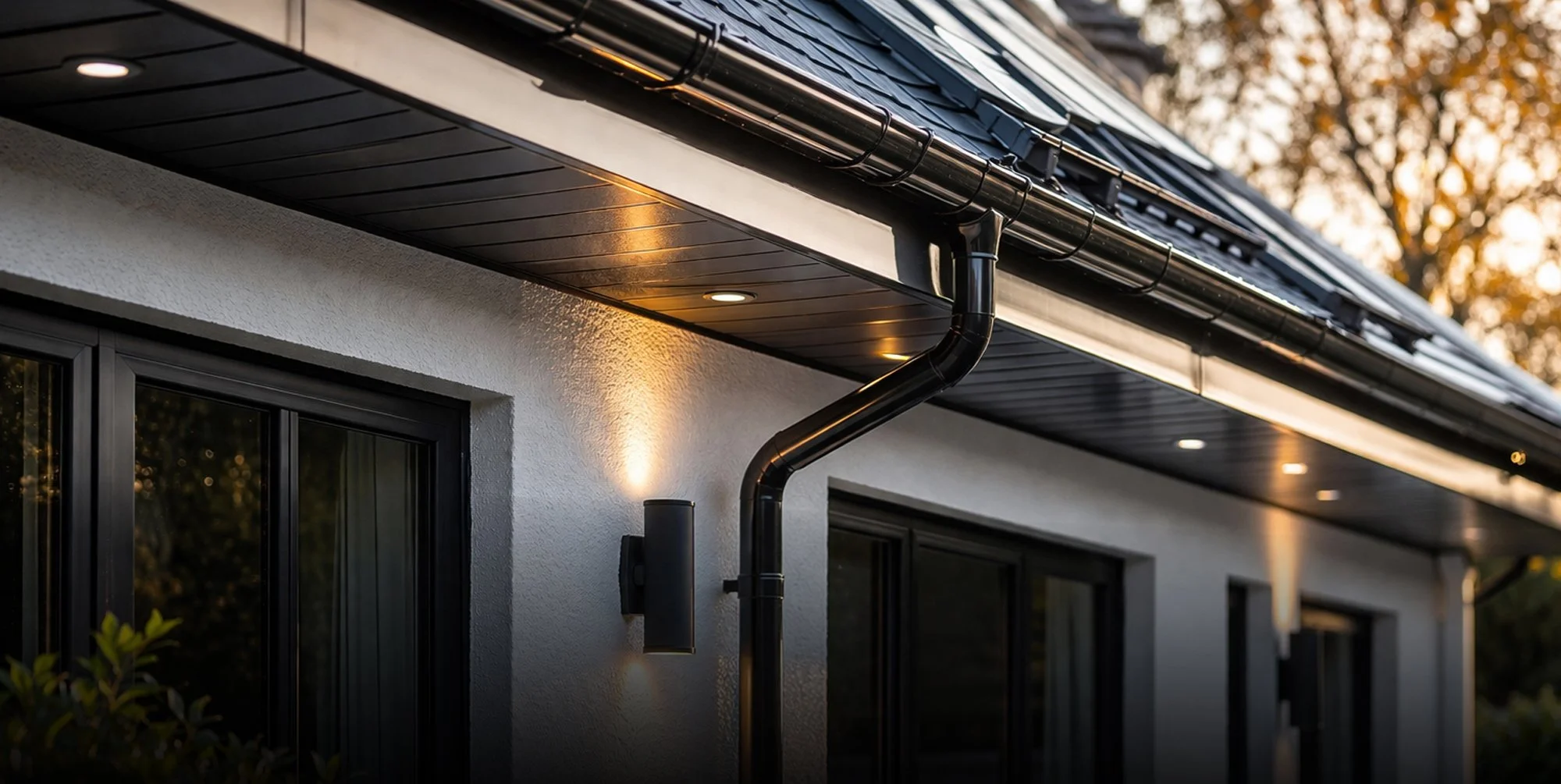 Close-up of a modern house exterior with white stucco walls, black window frames, and a black gutter system, illuminated by exterior wall lights at dusk.