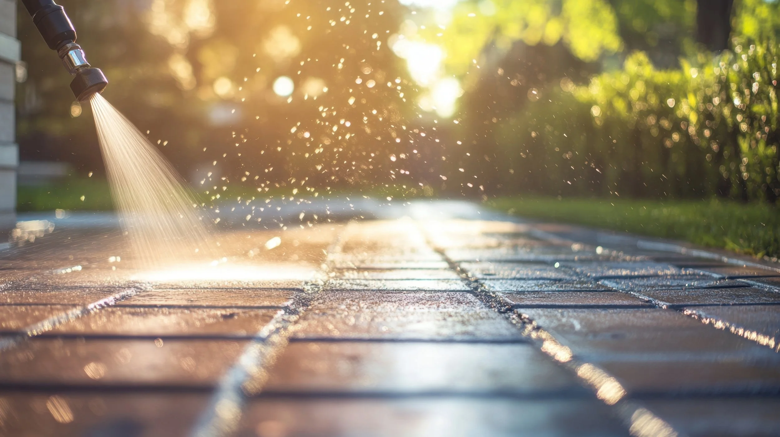 Patio Pressure washing removing dirt and algae from paving in Buckinghamshire