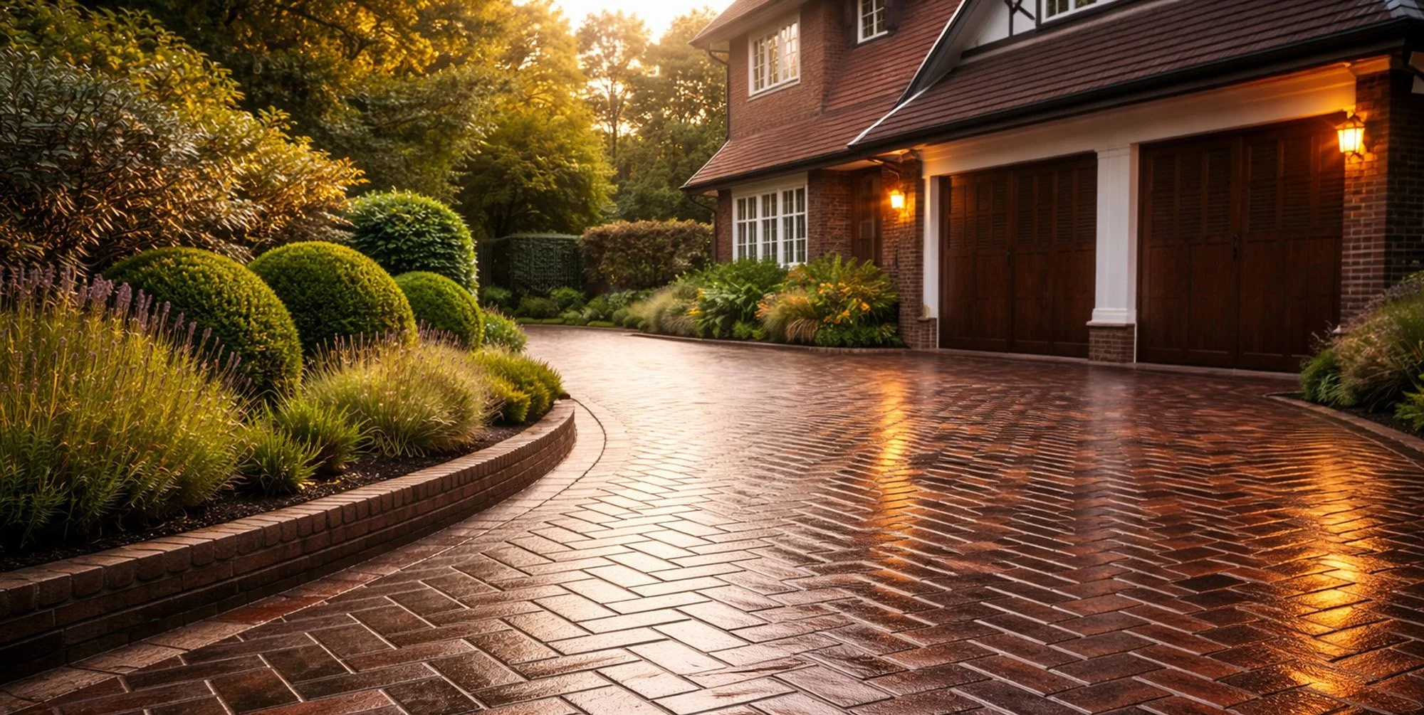 A wet brick driveway in front of a brick house with a two-car garage, illuminated by outdoor lights, surrounded by landscaped garden with bushes and plants, during sunset