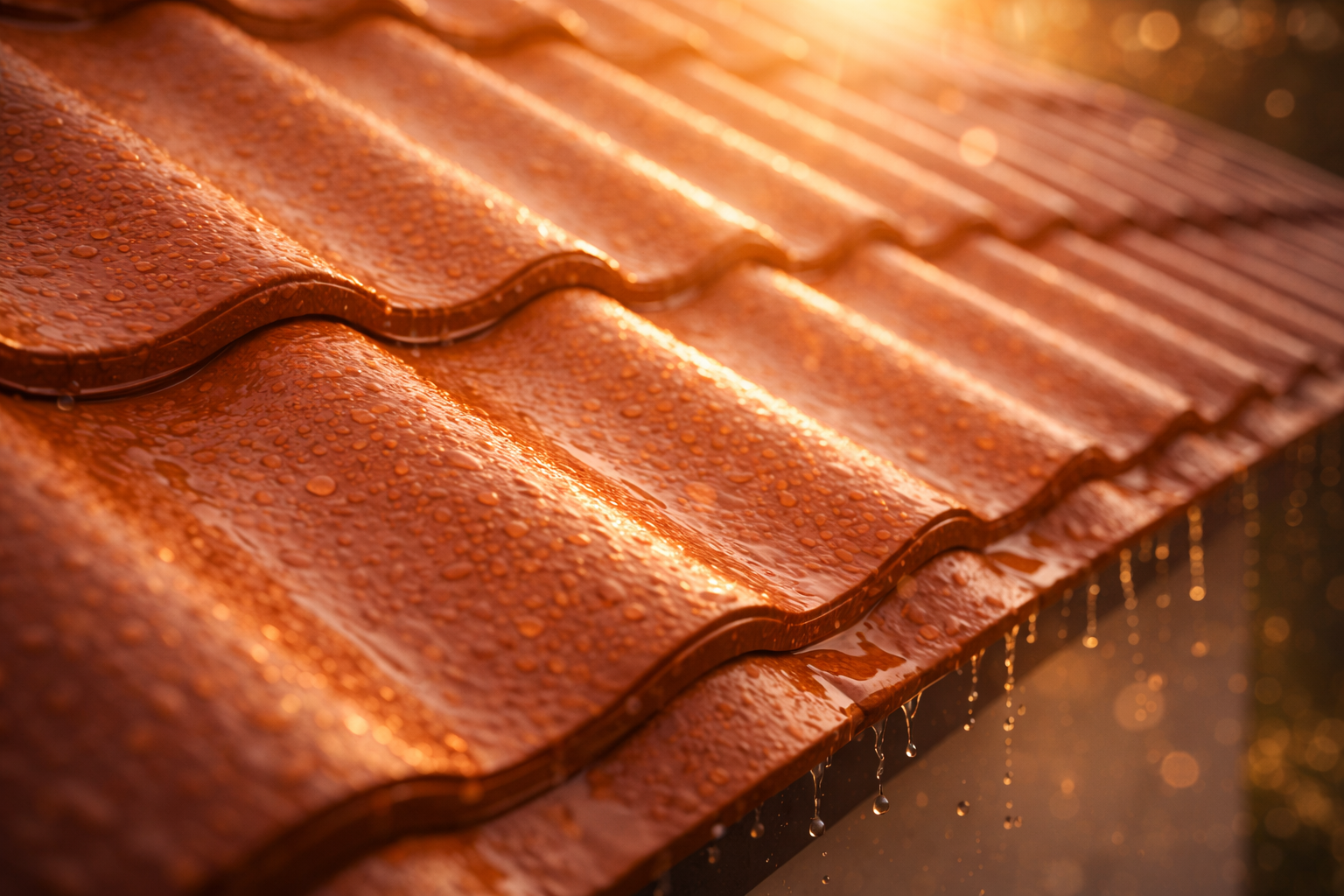 Close-up of wet orange clay roof tiles with water droplets and sunlight reflection.