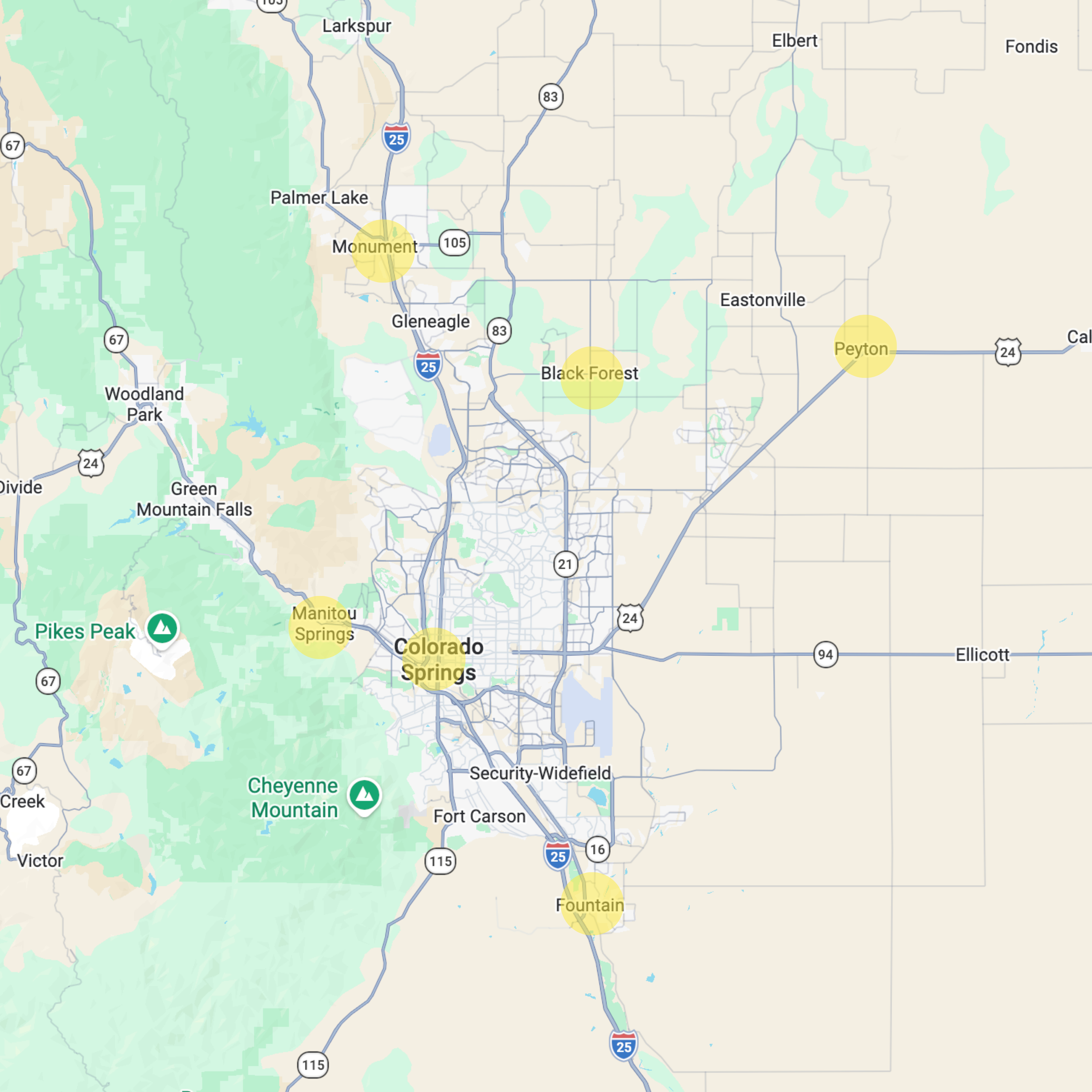 Map of Denver, Colorado area with highlighted locations including Monument, Black Forest, Peyton, Fountain, Colorado Springs, Manitou Springs, and Pikes Peak.