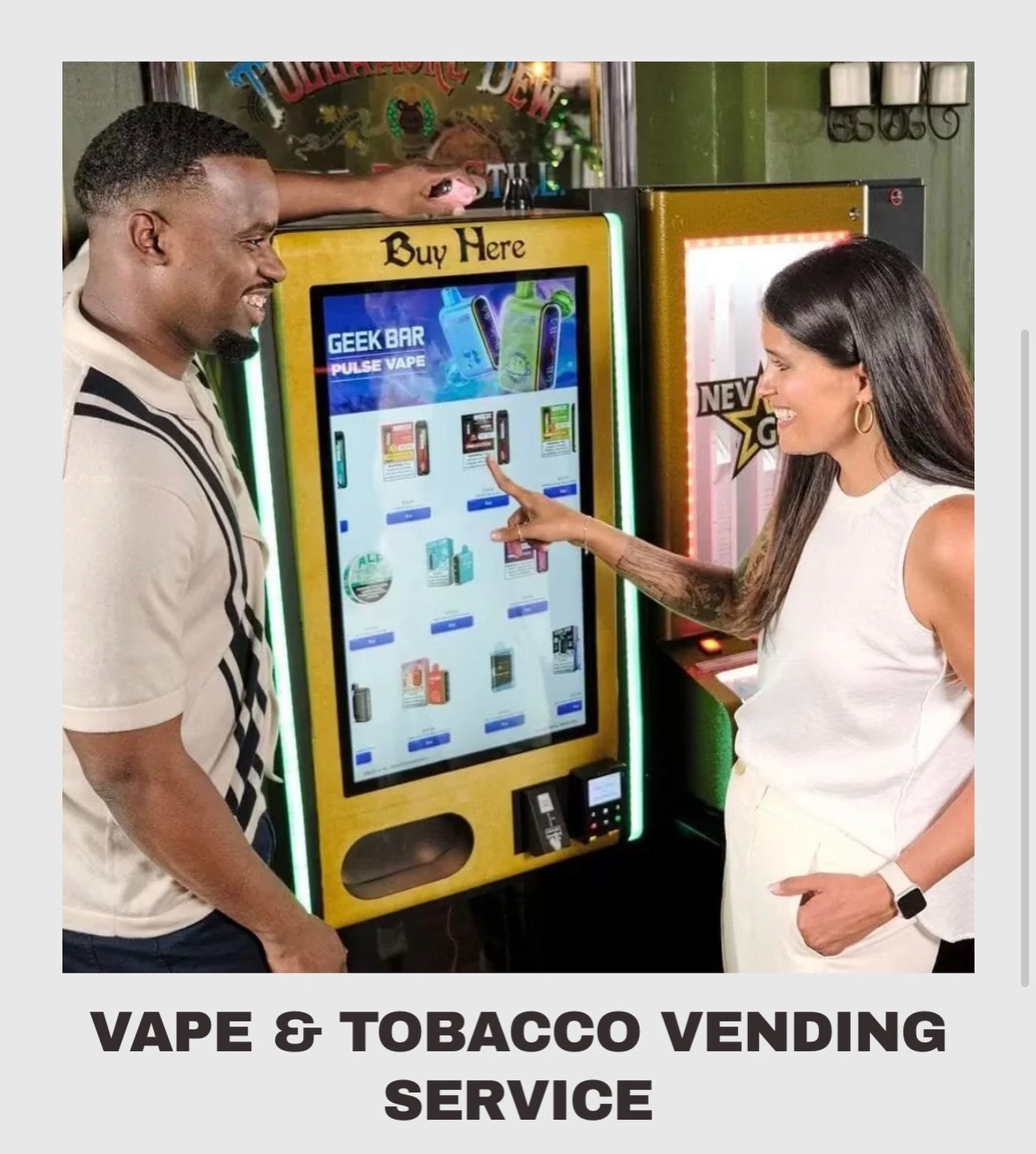 Do you own a bar, restaurant, or an entertainment venue? Check out our Vape &amp; Tobacco vending service. These machines vend disposable vapes, nicotine pouches, phone chargers, and more! No need for customers to leave your venue to go get essential