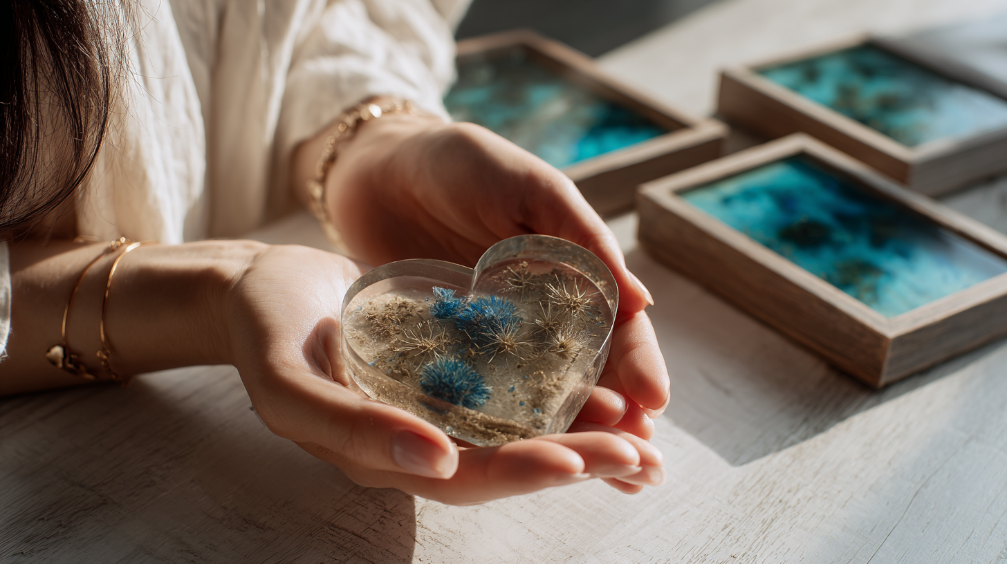 Clear resin heart keepsake with preserved botanicals — pet memorial or bridal keepsake handmade near Reigate Surrey
