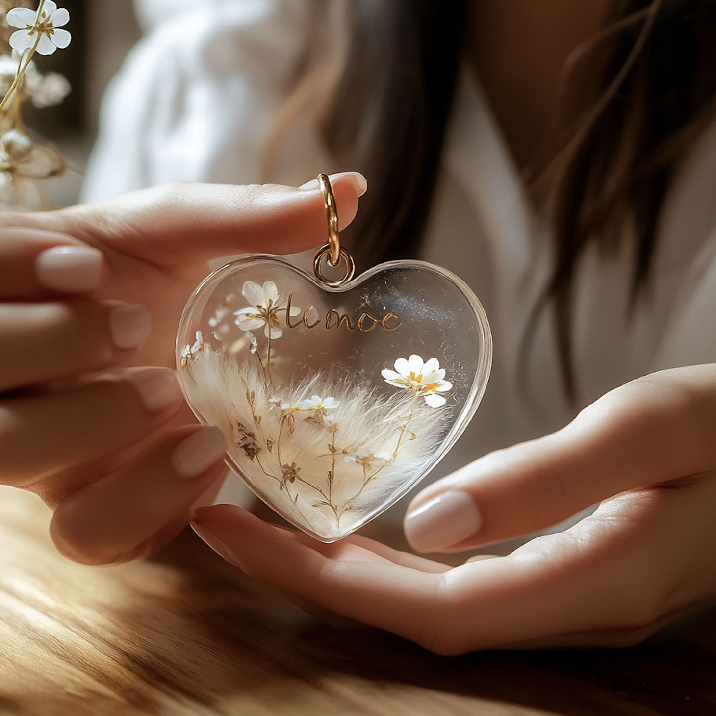 Resin heart pet memorial keepsake with preserved white flowers — bespoke memorial piece handcrafted by Everform Atelier Surrey