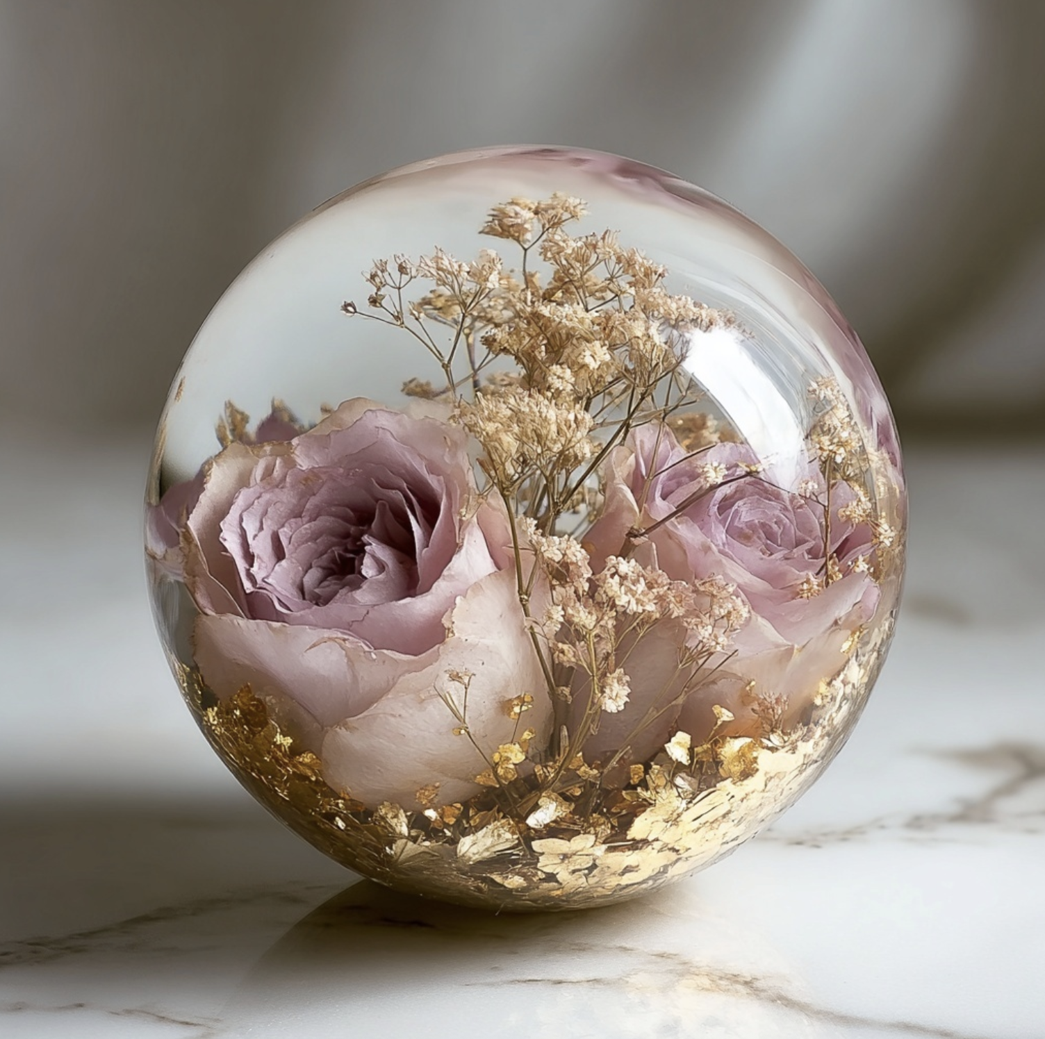 Clear resin sphere with preserved pink roses and gold leaf — bespoke wedding bouquet keepsake by Everform Atelier Surrey