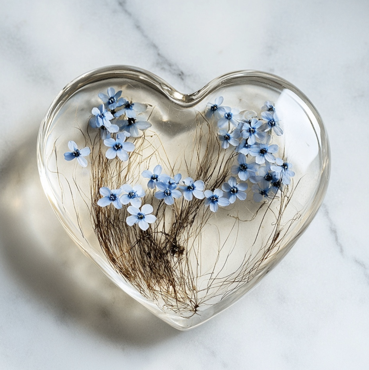 Clear resin heart with pet fur and forget-me-not flowers preserved inside — bespoke pet memorial keepsake by Everform Atelier Surrey