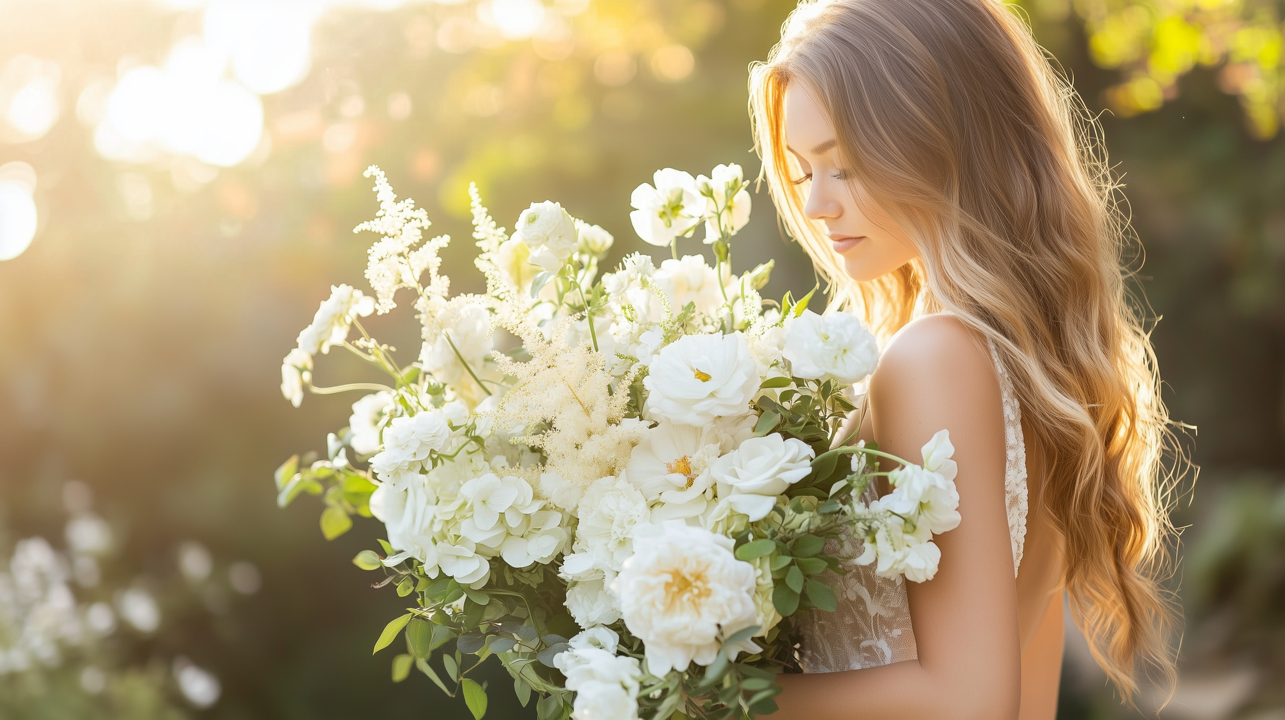 Bride holding a lush white wedding bouquet in a sunlit garden — wedding flower preservation guide by Everform Atelier near Reigate Surrey