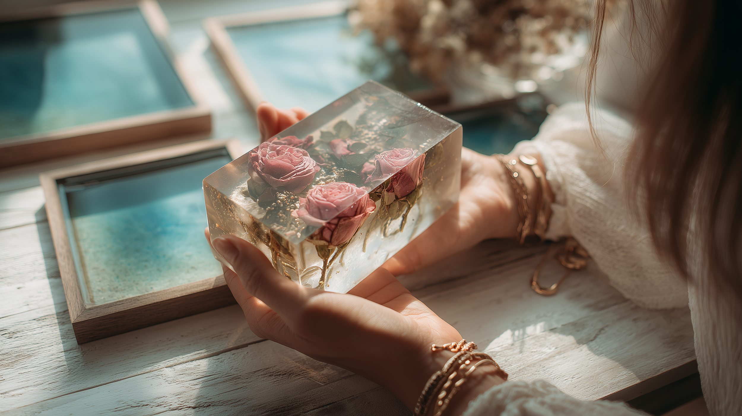 Handcrafted resin keepsake with preserved pink roses — bespoke bridal keepsake by Everform Atelier, Surrey