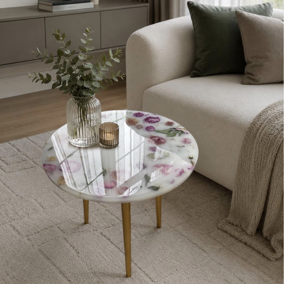 Bespoke resin coffee table with preserved flowers — statement art piece by Everform Atelier near Reigate Surrey