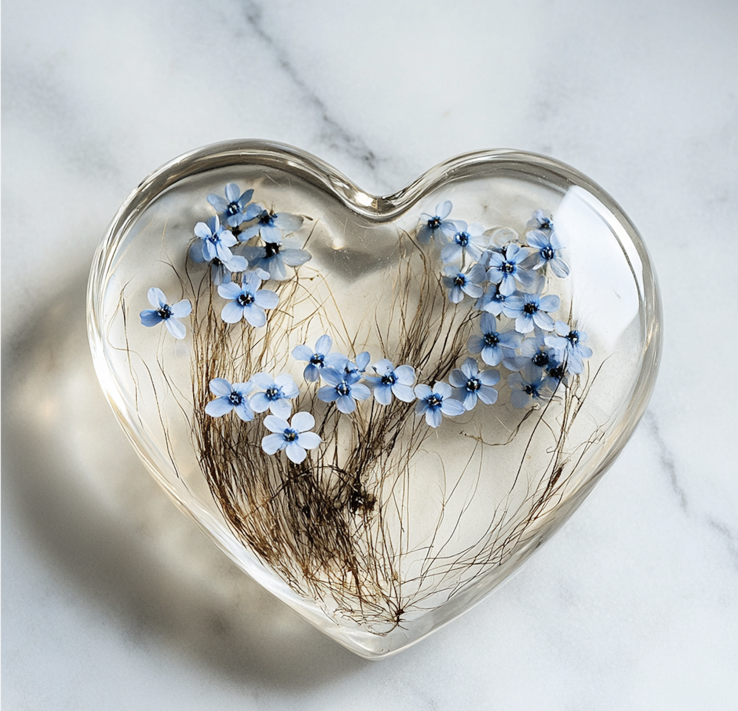 Heart-shaped resin keepsake with blue forget-me-not flowers and dried grasses on a marble surface — pet memorial guide by Everform Atelier