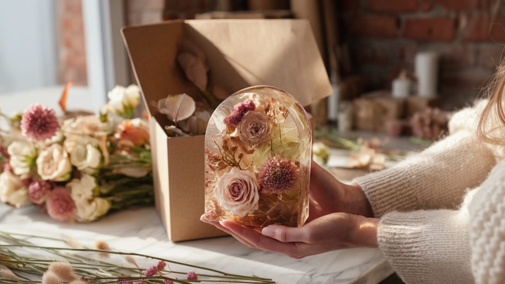 Handmade bridal bouquet preservation resin arch block, dried wedding flowers set in crystal clear resin, made near Reigate Surrey