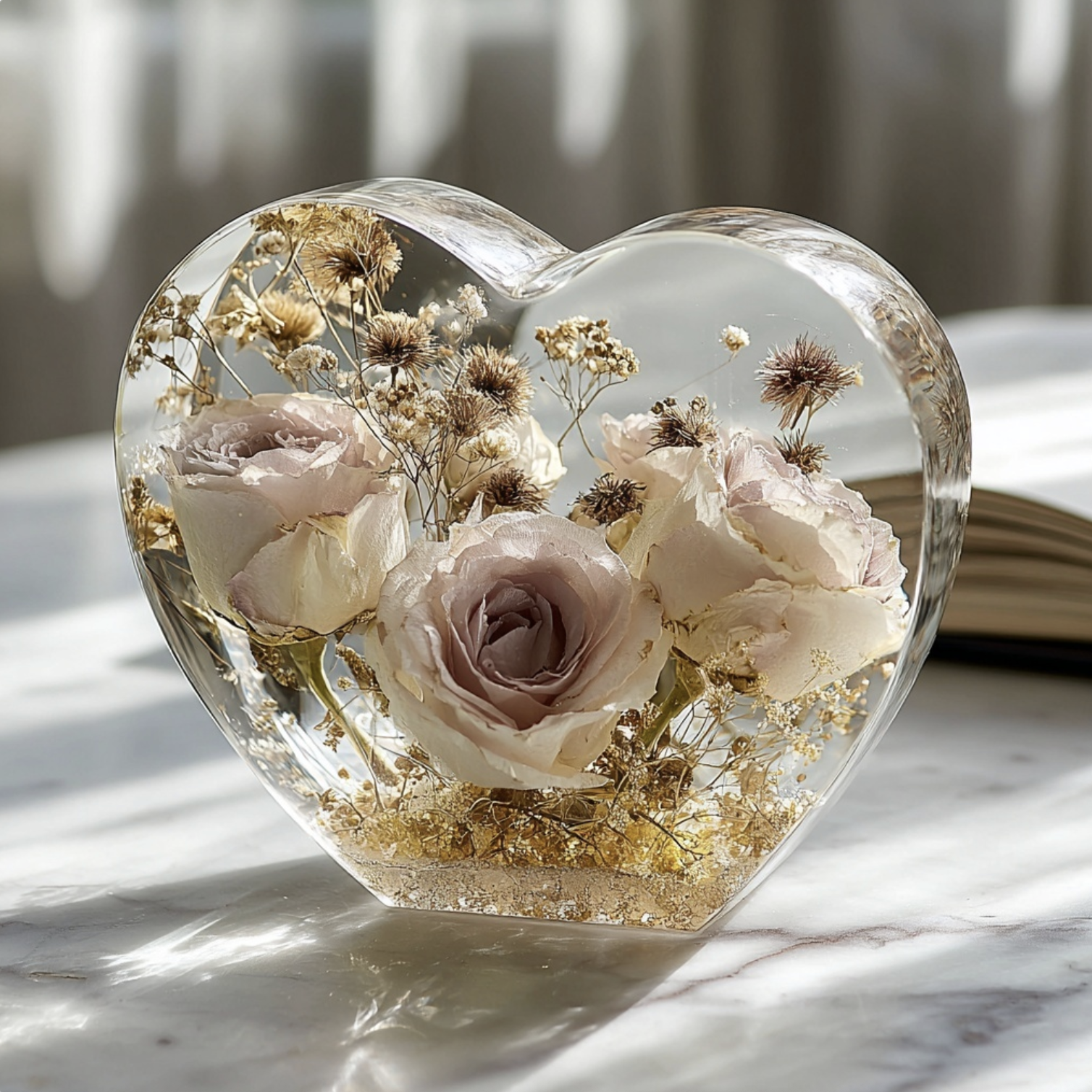 Resin heart keepsake with preserved blush roses and gold leaf — handcrafted bridal wedding keepsake Everform Atelier Surrey