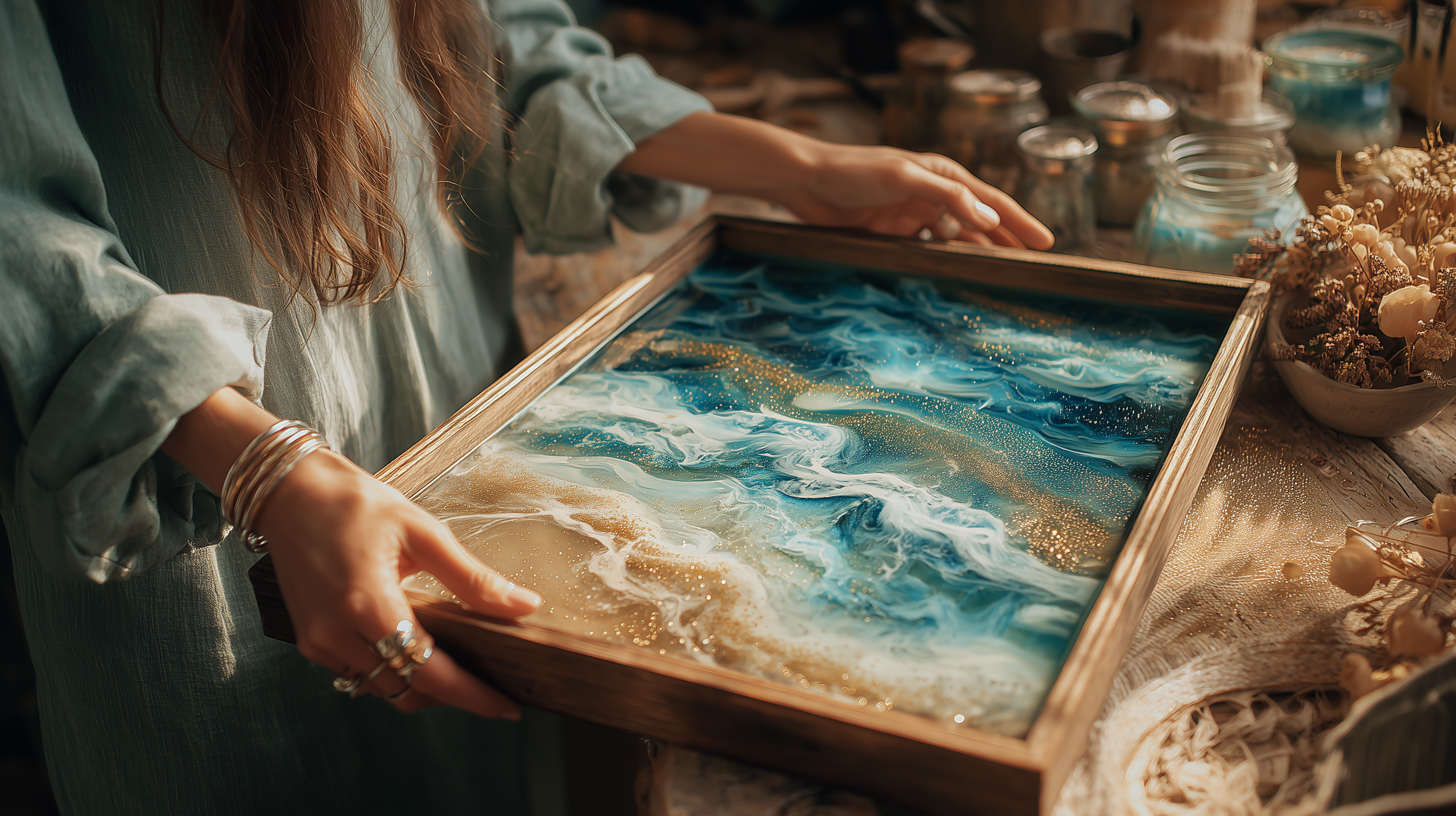 Bespoke resin art statement piece in teal and gold — handcrafted by Everform Atelier near Reigate Surrey