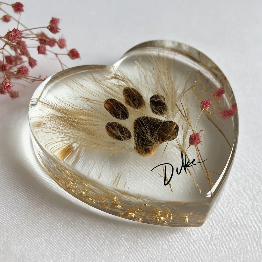 Heart-shaped resin keepsake with a pet paw print and name, surrounded by pink dried flowers — pet memorial keepsake by Everform Atelier