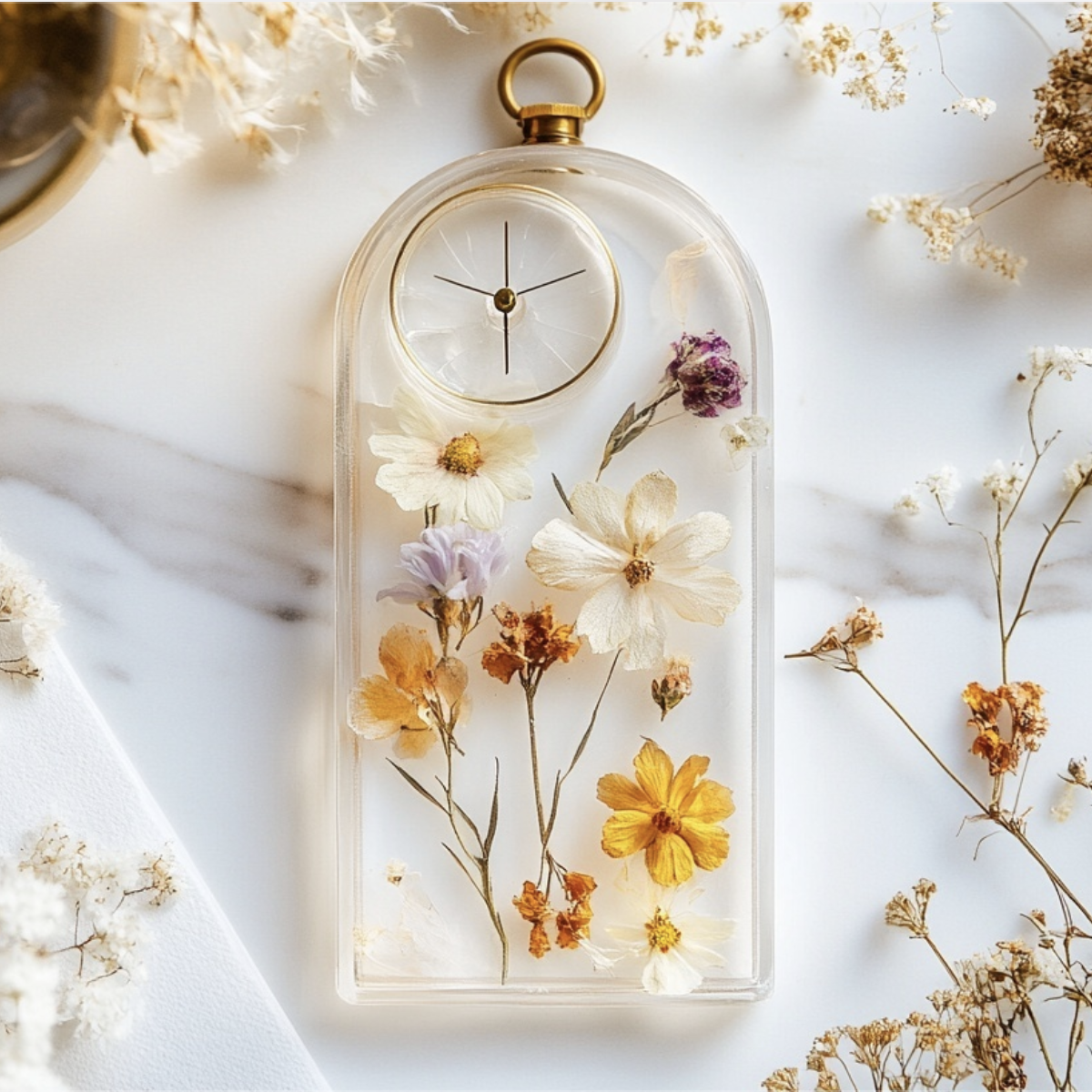 Clear resin arch keepsake with preserved wildflowers — bespoke resin art piece handcrafted by Everform Atelier near Reigate Surrey