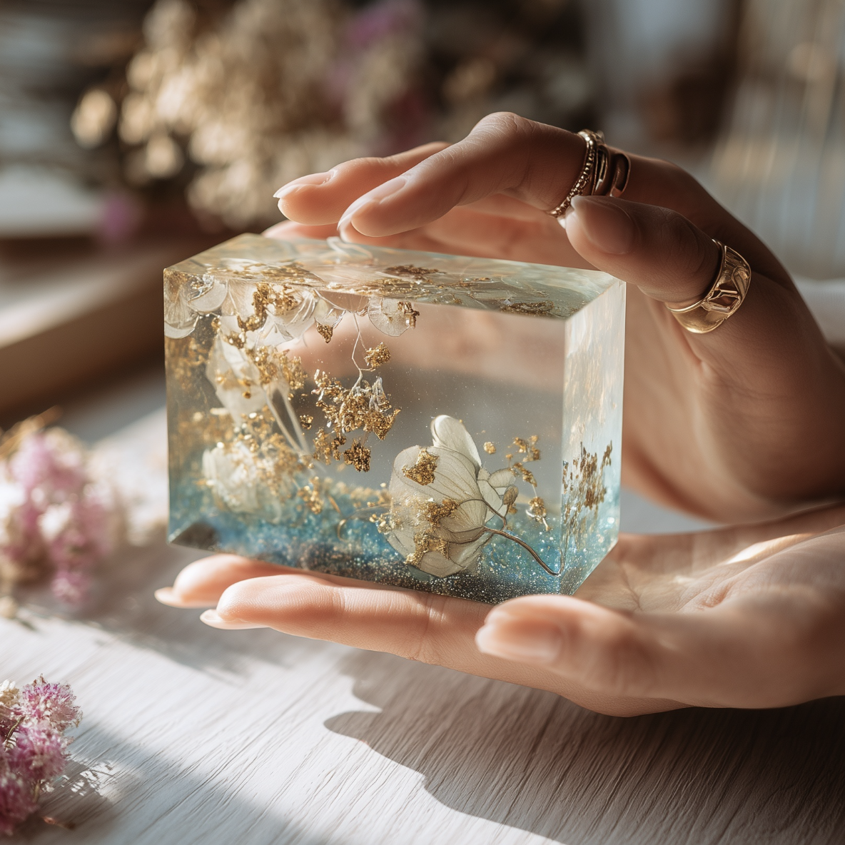 Clear resin cube keepsake with preserved botanicals and gold leaf — handcrafted pet memorial or bridal keepsake Everform Atelier Surrey