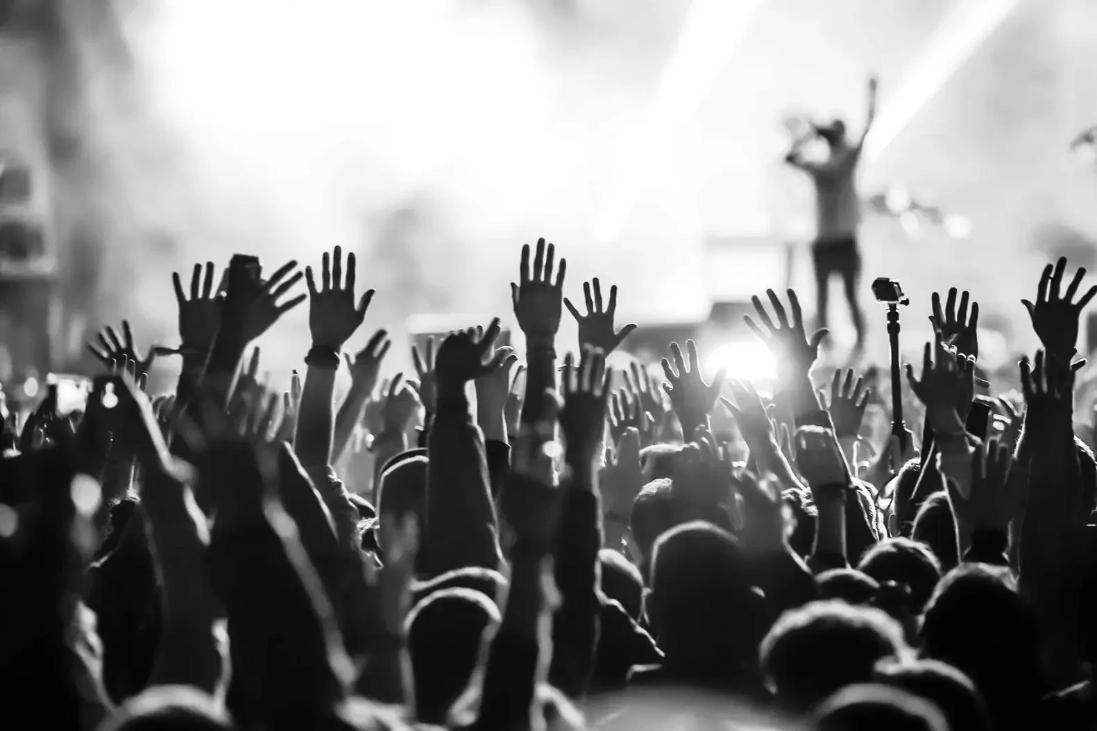 Black and white photo of a concert crowd with hands raised, with a performer on stage in the background.