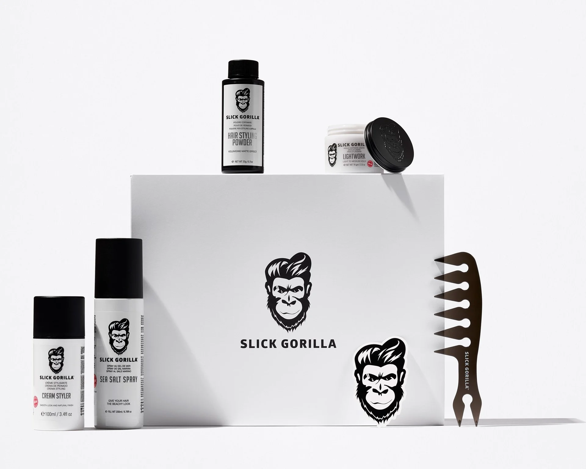 Ecommerce photography of a white box and hair products.