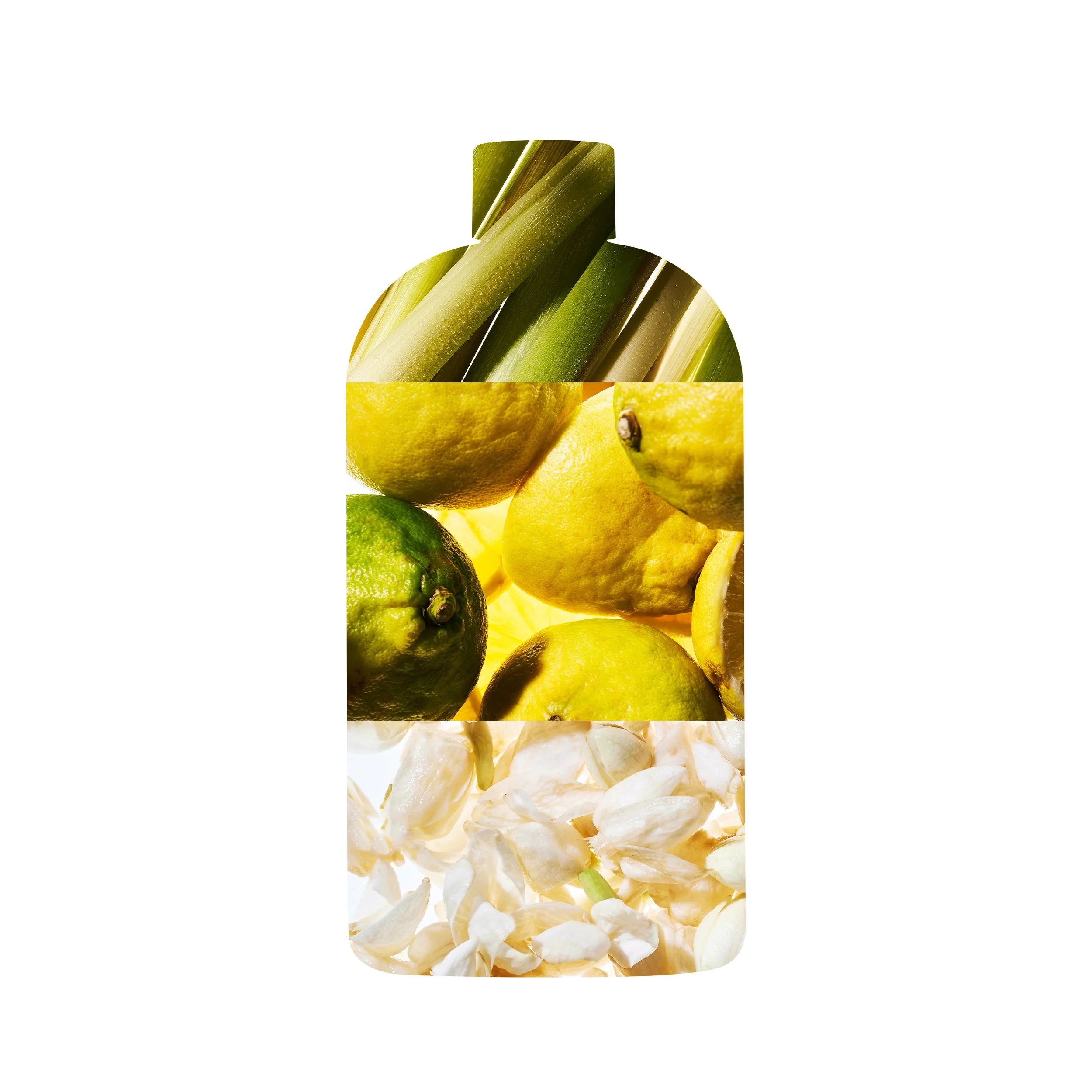 A collage of citrus fruits on a white background in the shape of a bottle, including green limes, yellow lemons, green and yellow sugarcane, and white flower petals.